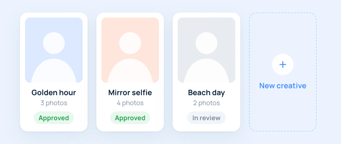 Three CPC creatives in Studio with their photo count and review status, and a button for a new creative