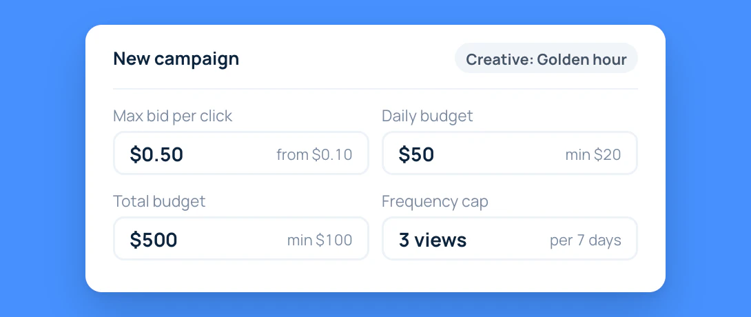 A new CPC campaign: max bid $0.50 per click, $50 a day, $500 in total and a cap of 3 views per 7 days