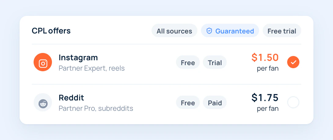 CPL offers in Studio: Instagram and Reddit offers with their price per fan and campaign types