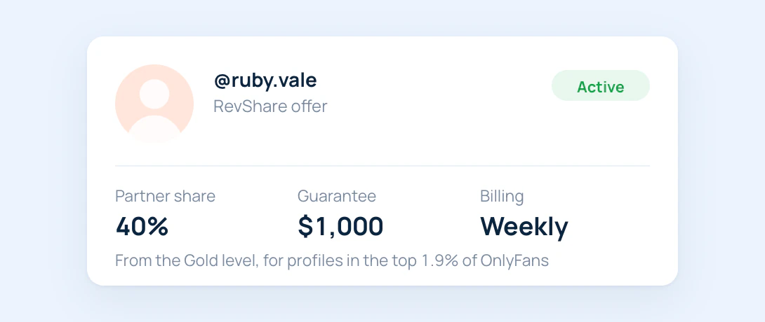 A RevShare offer in Studio: partner share 40%, a $1,000 guarantee and weekly billing