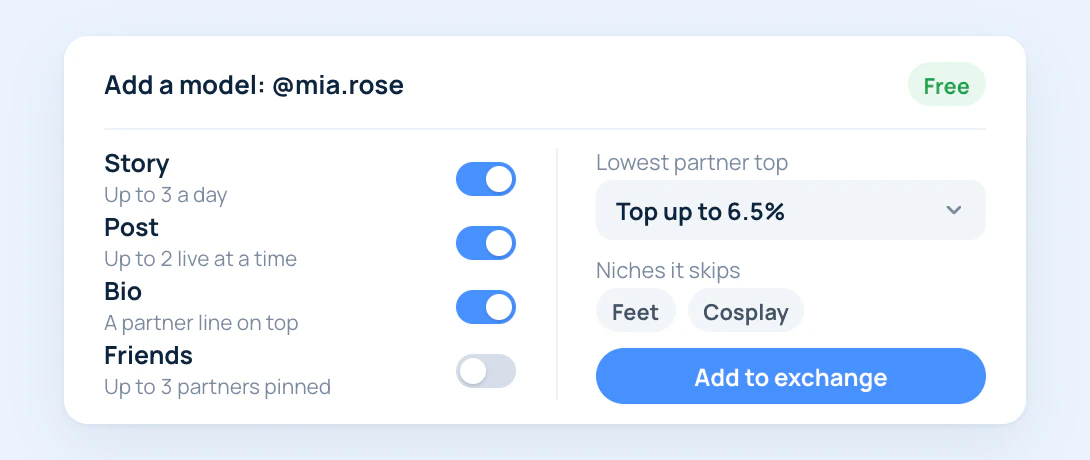 Adding a model to Shoutouts: formats with limits, the lowest partner top and the niches it skips