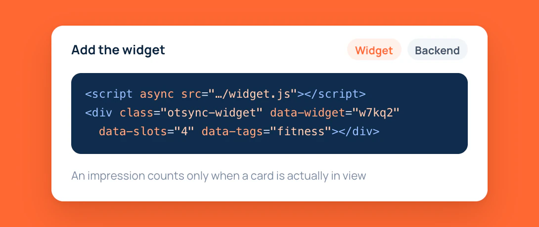 The CPC widget snippet: one script tag and one div with the widget id, slots and tags