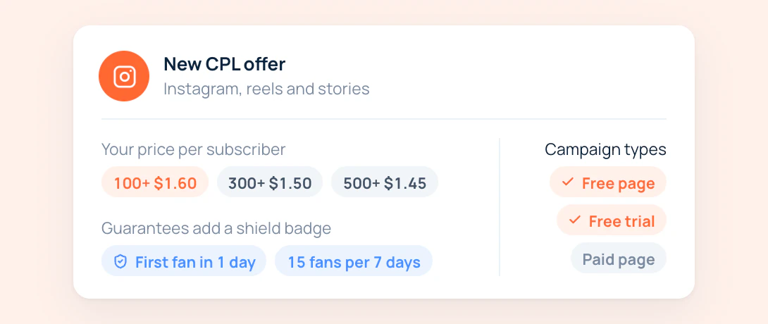 A new CPL offer: Instagram traffic with price steps, free page and free trial links and two delivery guarantees
