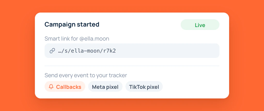 A live RevShare campaign with a smart link, callbacks and pixels