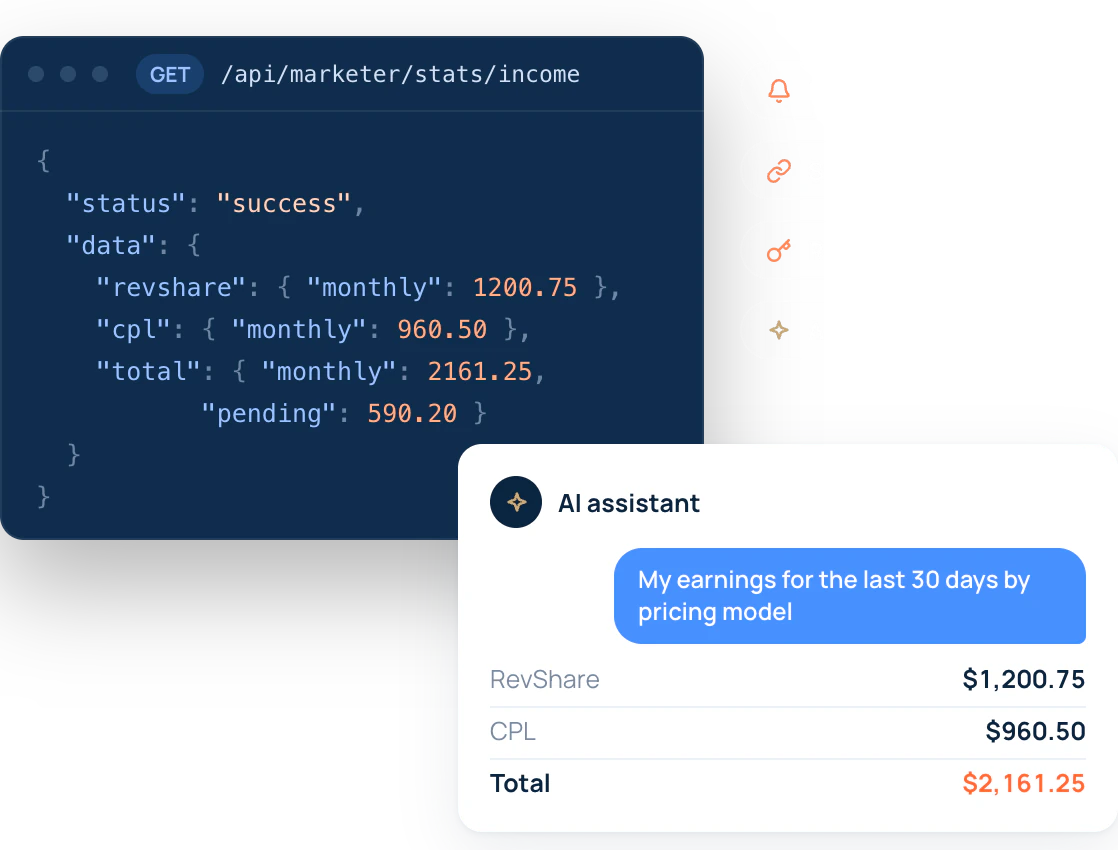 OnlyTraffic partner API: the income stats endpoint and the AI assistant answering earnings by pricing model