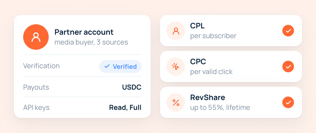 Partner account verified, with access to CPL, CPC and RevShare